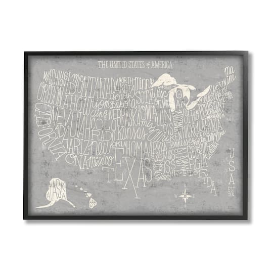 Stupell Industries Grey Distressed US Map Playful Typography Framed Giclee Art